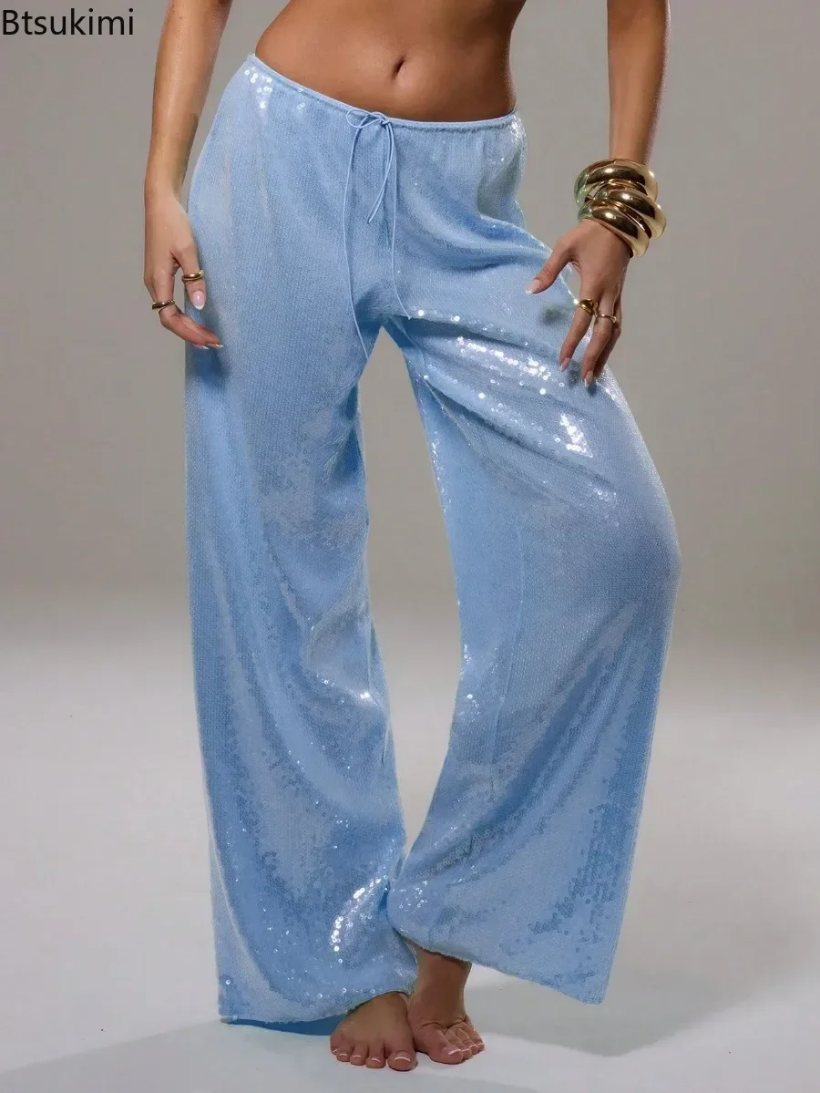 Women's Sparkling Casual Loose Pants New Elastic Waist Wide Leg Pants Autumn Fashion Street  Comfortable Party Club Clothing