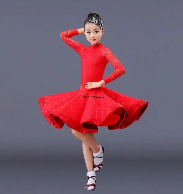 Vestido de dança latina para meninas, manga comprida, salão de baile, salsa, tango, renda, crianças, 1 peça por lote