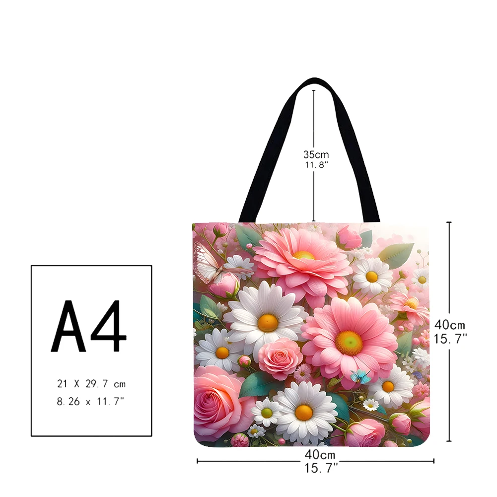 กระเป๋าผ้าลินินความจุขนาดใหญ่ดอกไม้ 4 ชิ้น