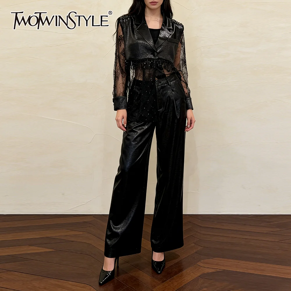

TWOTWINSTYLE Fashion Leather Two Piece Sets for Women Lapel Long Sleeves Sheer Spliced Meah Top High Waist Pant Set Female New