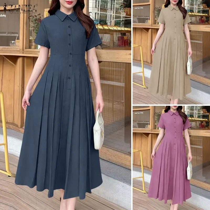 ZANZEA Sommer Elegantes Revers-Kurzarm-Sommerkleid Damenkleider 2026 Stilvolles Einfarbiges A-Linien OL Arbeitskleid Plissiertes Midi-Kleid