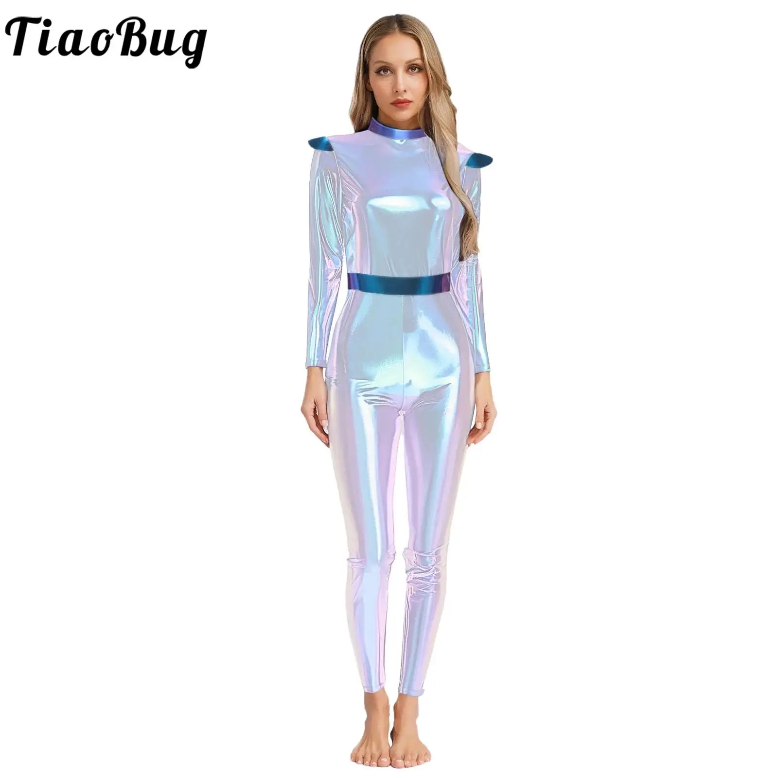 

Women Silver Astronaut Costume Alien Jumpsuit Suit Space Cadet Gown Halloween Cosplay Party Dress Up Robot Space Role Play Suits