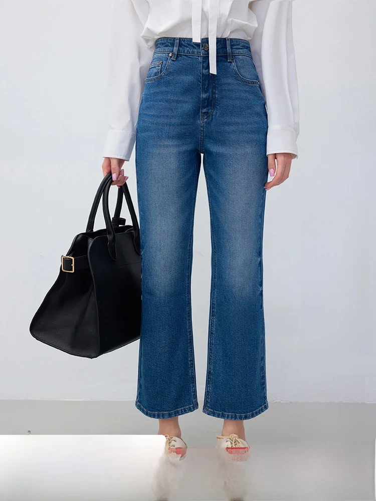 

Blue Nine-Tenths Flared Jeans Women's Slim Long Pants Cotton Stretch Denim Button Closure mat Sle l Waist