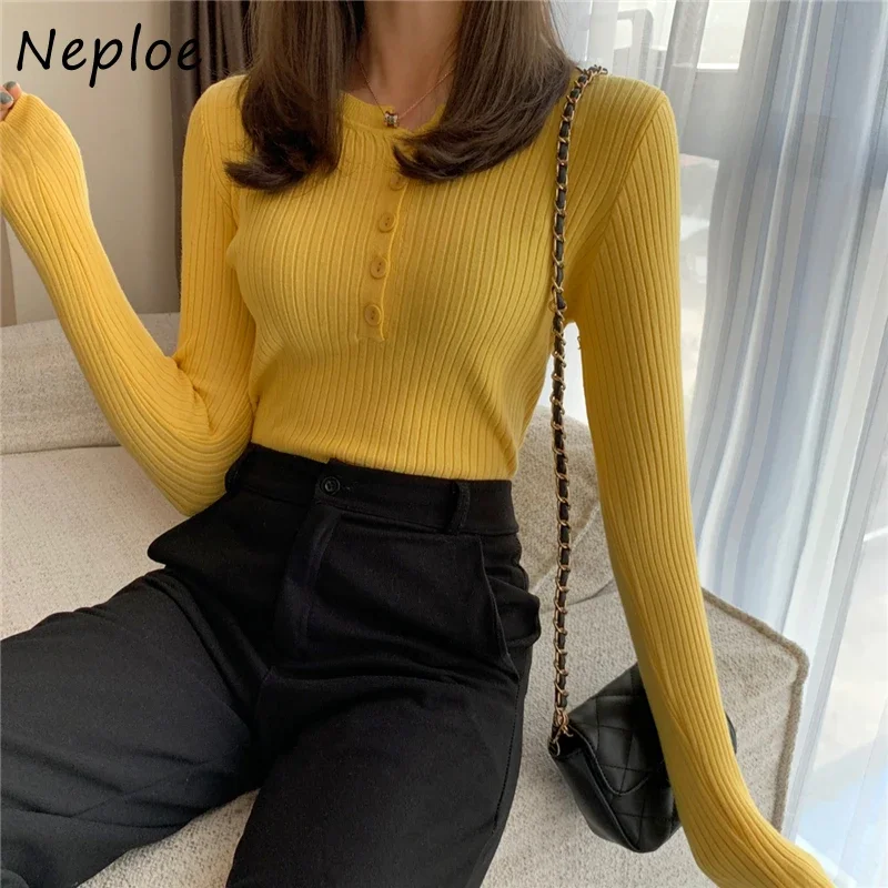 Neploe estilo coreano outono inverno nova camisola feminina o pescoço manga longa botão elasticidade jumper elegante fino tricô topos 2024