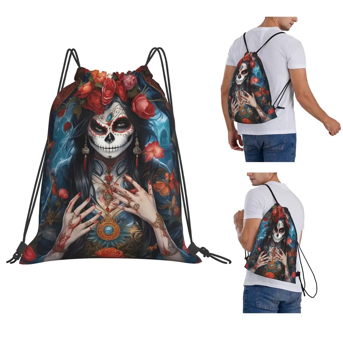 

Mexican Catrina Sugar Skull Lady Backpacks Fashion Drawstring Bags Sports Bag Book Bags for Man Woman Students