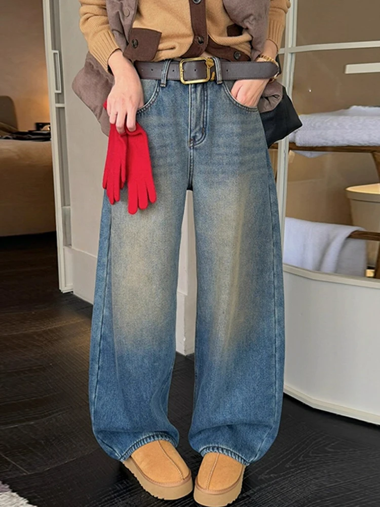 

High Waist Thickened Fleece Lined Wide Leg Jeans Women's Winter Loose Slimming Casual Straight Long Pants Embroidered Denim