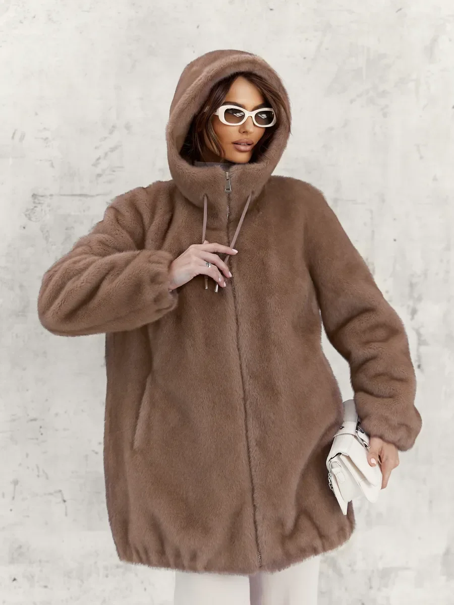 LIMO Women Hooded Faux Fur Coat Zip Up Drawstring Hem Loose Long Sleeve Plush Pocket Outerwear