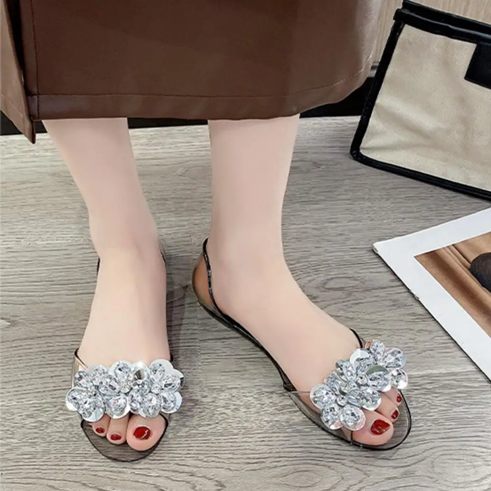 Transparent Pvc Sandals Women Transparent Jelly Sandals with Fake Diamonds Flat Fish Mouth Open Toe Beach Shoes Summer Water