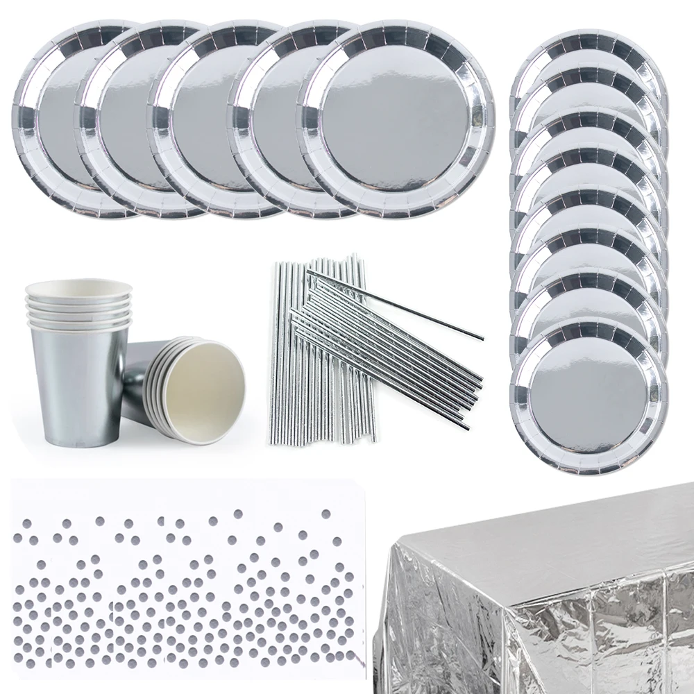 Silberne Pappteller, Tasse, Tischdecke, Geburtstagsparty-Dekoration, Einweggeschirr, Babyparty, Hochzeit, Junggesellenabschied