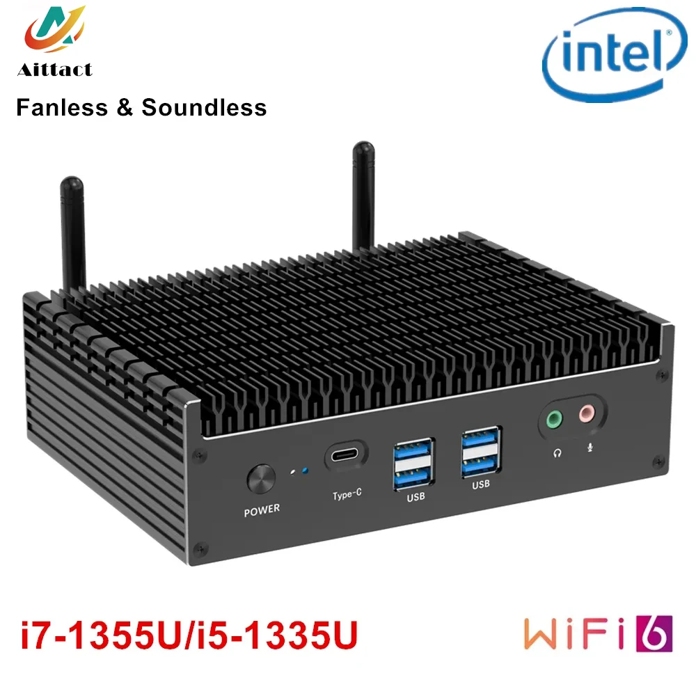 Aittact Fanless MiniPC 13a generazione Intel i7 1355U i5 1335U Windows 11 PCIE4.0 Dual 2.5G LAN Tunderbolt 4 Host per computer da gioco WiFi6