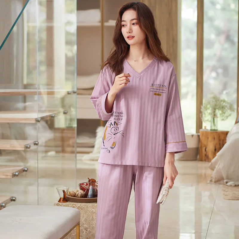 

2PCS/Set Women Pajamas Autumn Spring Woven Cotton Sleepwear Cute Cats V-Neck Long Sleeve Pyjamas Female Home Suit M-XXXL