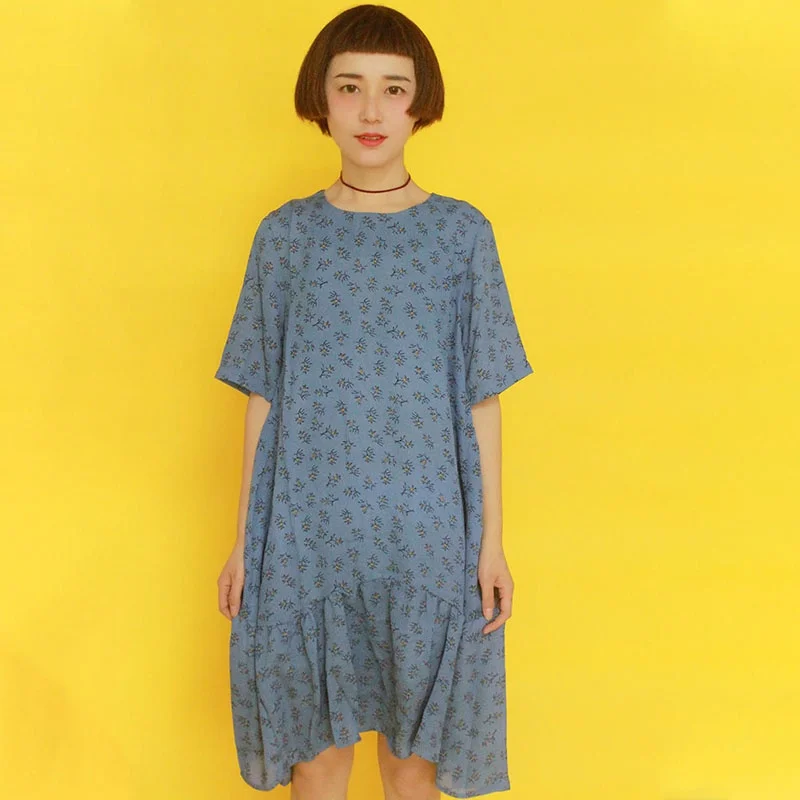 

Original Floral Print Midi Dr Irregular Hem Slimming Gored Skirt Women's Cotton Chiffon Vintage Sle round Ne ort Sve