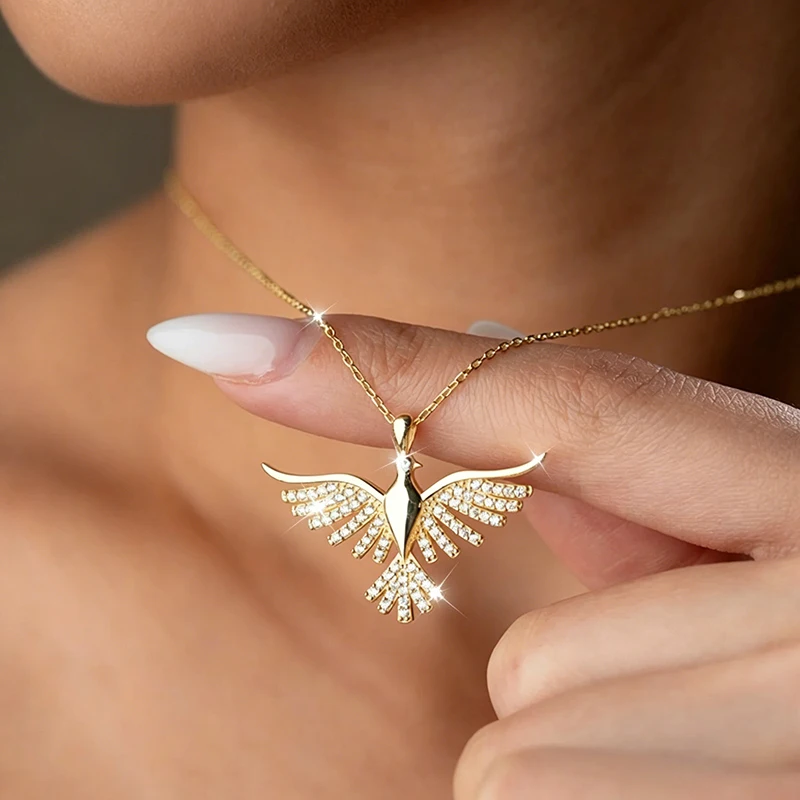 Huitan Sparkling Spread-Wing Phoenix Bird Pendant Necklace for Women Full Paved CZ Animal Stacking Necklace Fashion Jewelry Gift