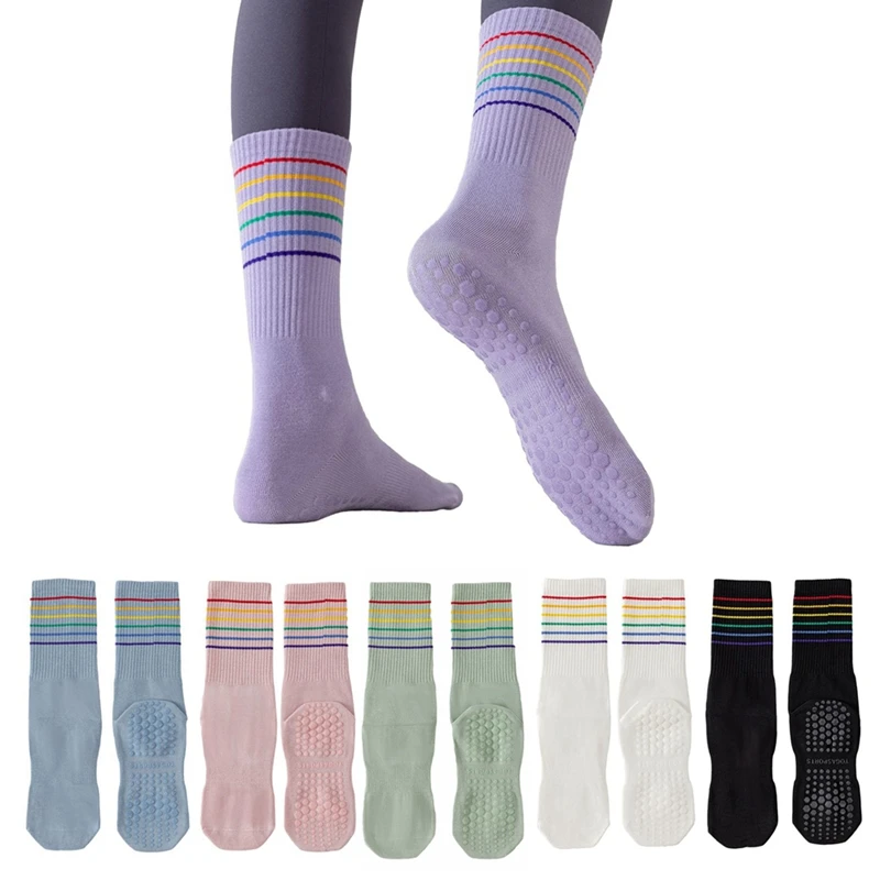 

Women Yoga Socks Mid Tube Striped Anti Slip Dance Socks Breathable Fitness Pilates Cotton Socks Professional Non-slip Floor Sock
