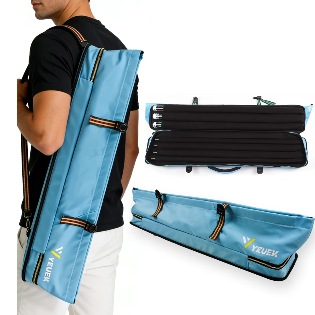 YEUEK Fluorescence Pool Cue Hard Carrying Case - Holds 3 Butts & 4 Shafts,  Large Zippered Accessory Pockets, Adjustable Strap
