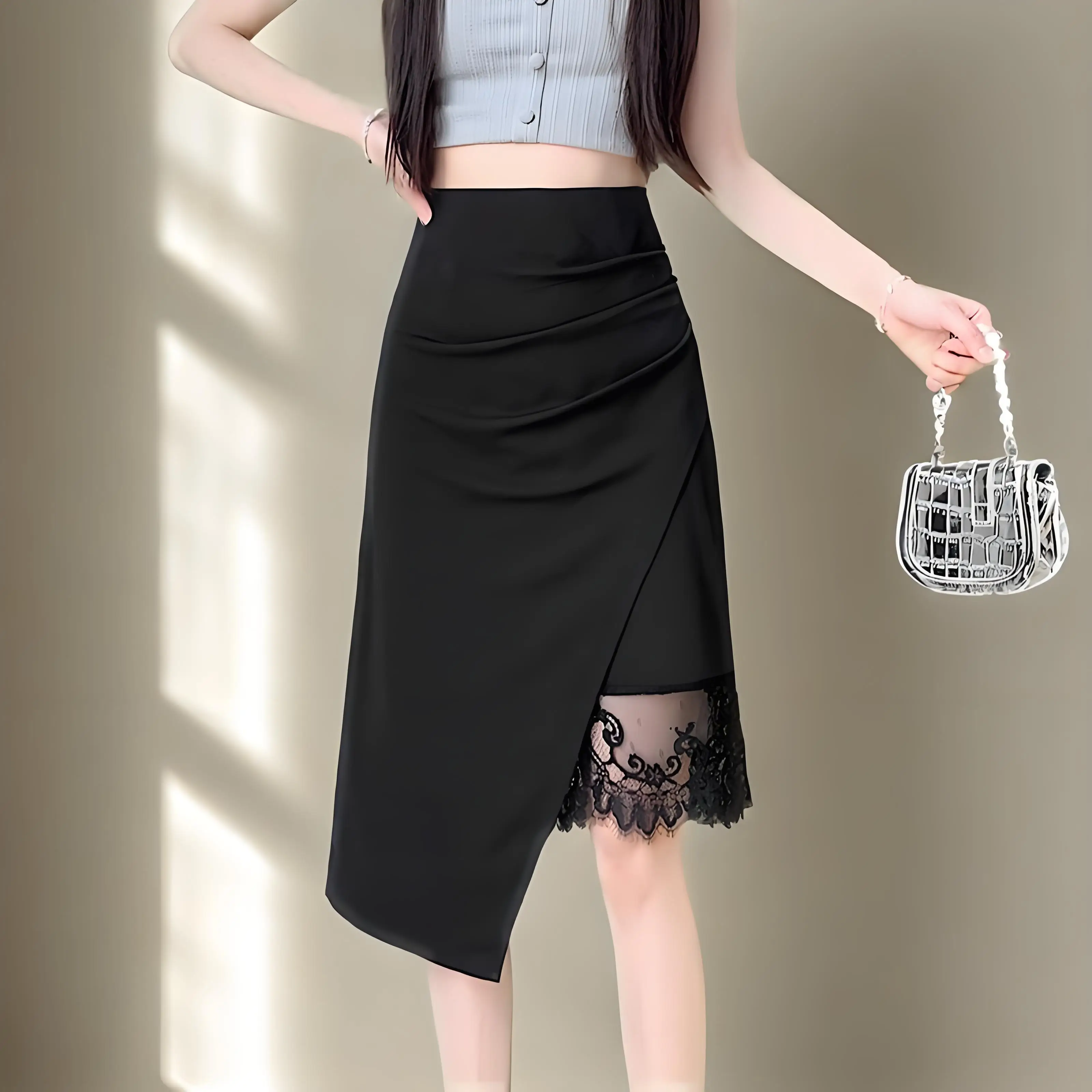 

Офисные женские черные юбки с запахом в стиле OL с кружевной строчкой и высокой талией, эластичные юбки-миди нестандартной формы, женские элегантные облегающие юбки