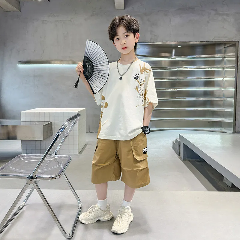 

Boys Summer Hanfu Costume Set Short Sleeve Traditional Chinese Style Clothing Breathable Lightweight Kids Outfit Panda Pattern