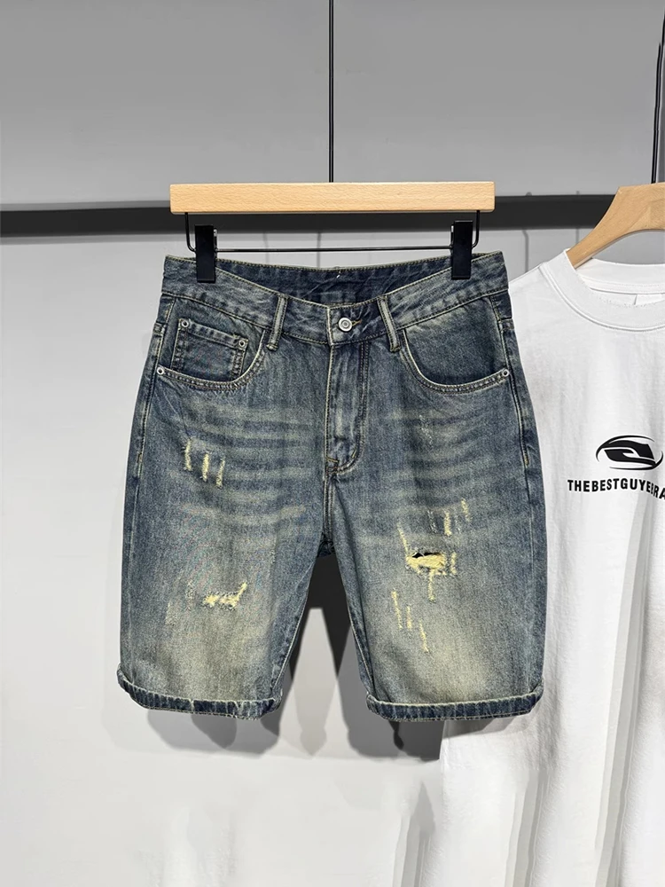 

Летние американские повседневные винтажные мужские шорты с эффектом потертости, прямого кроя, свободные, в стиле High Street, длиной до колена, модные, молодежные, в стиле рабочей одежды