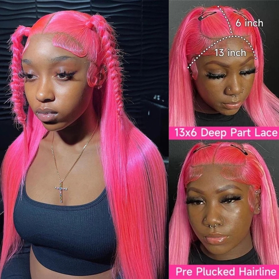 30 36 inch Hot Pink Transparent Lace Front Wig Human Hair 13x6 Lace Frontal Wigs For Women Long Straight Colored Human Hair Wigs