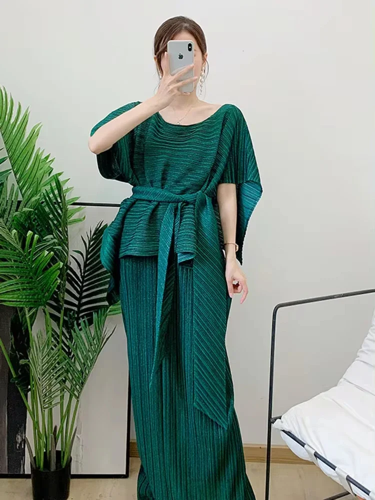 EGRM Miyake 2 Pieces Pleated Skirt Set For Women Batwing Sleeves Loose Top With Long Length Skirts Female Elegant Clothing 6R528