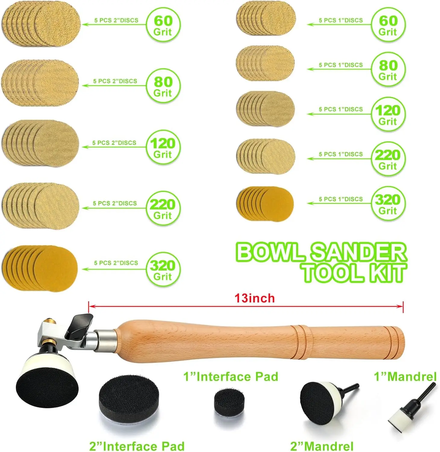 1" and 2" Bowl Sandpaper Kit with Hook and Loop Sand Paper Foam Interface Pads 13" Long Hardwood Handle and Dual Bearing Head