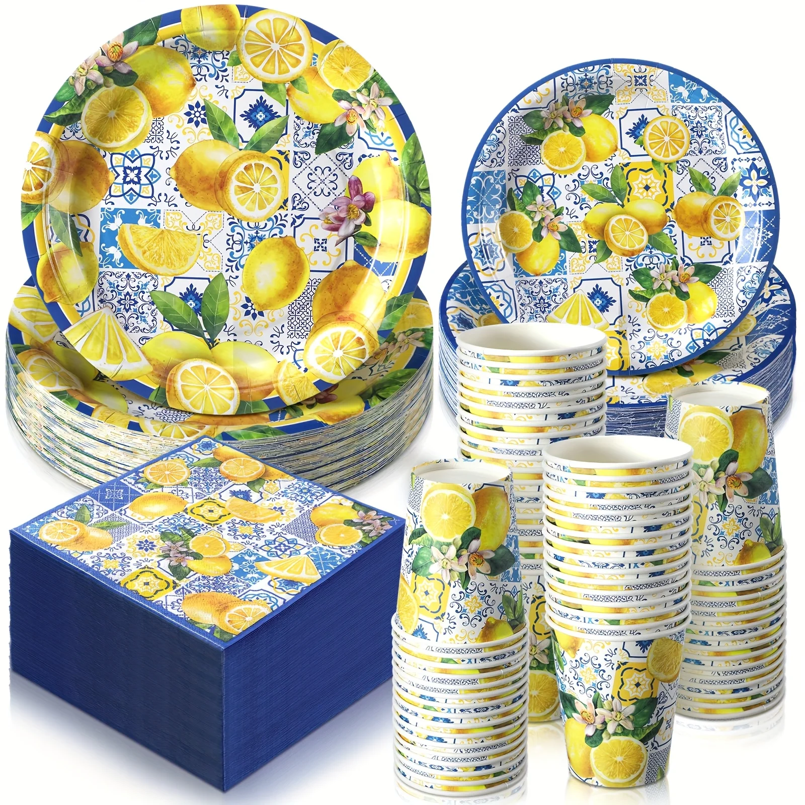 250-Piece Capri Lemon-Themed Disposable Party Set – Plates, Napkins & Tableware for Birthday, Bridal Shower, or Festival Gatherings (Serves Approx. 50)