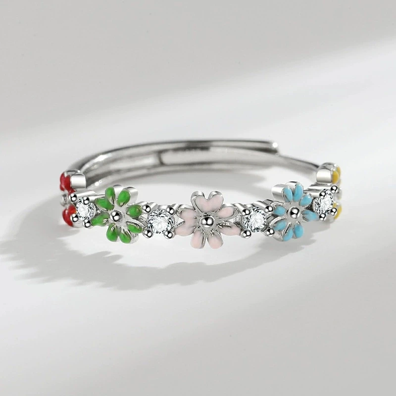 Sweet Daisy Flower Open Ring Zirconia Adjustable Stackable Ring for Women Cute Colorful Jewelry Gift