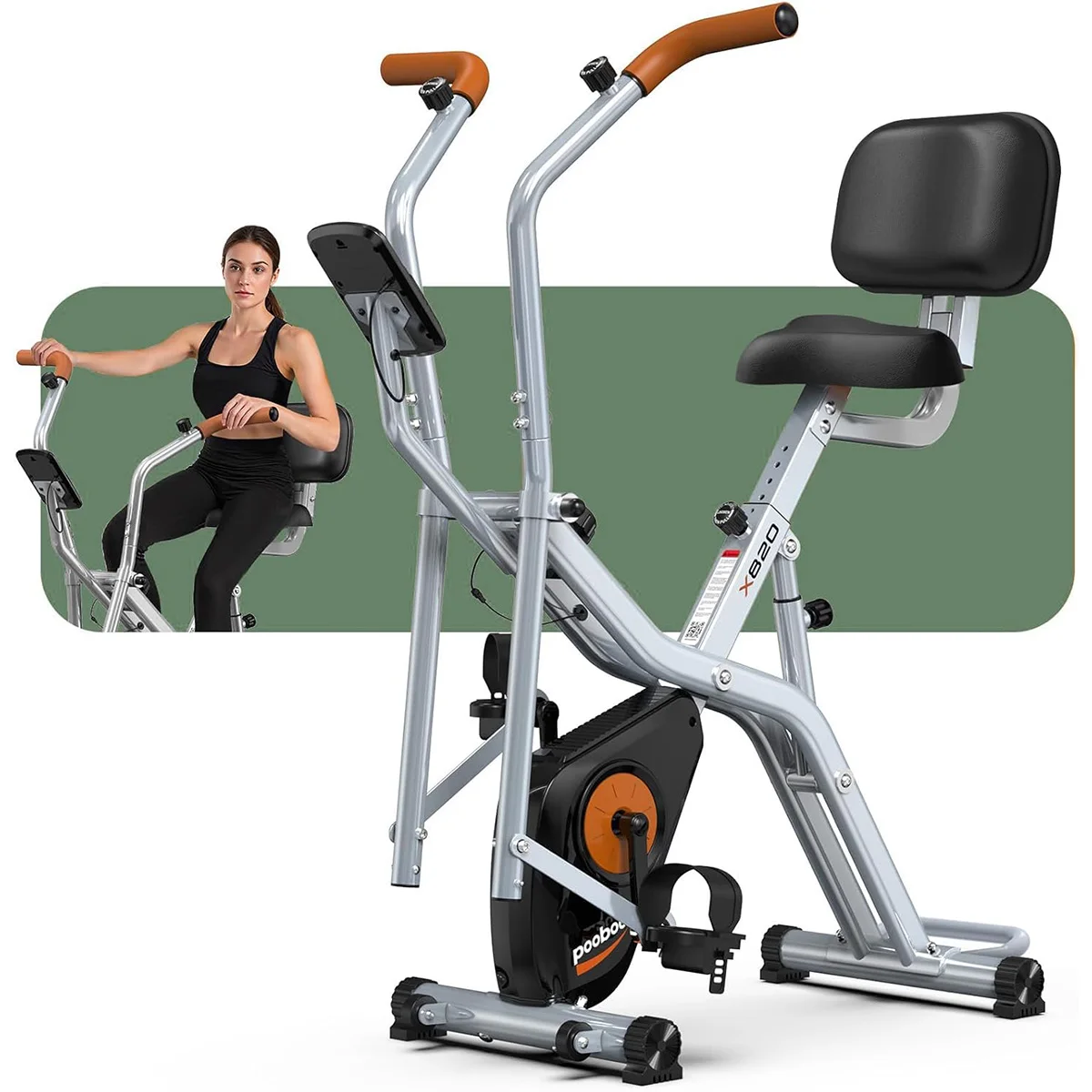 Pooboo Foldable 2-in-1 Exercise Bike, Elliptical & Stationary Cycling Mode, 8-Level Magnetic Resistance, Silent Indoor Fitness Bike for Home & Rehab, Adjustable Seat & Handrail, LCD Monitor, 300LBS Weight Capacity, Silver Black
