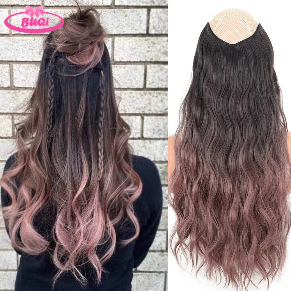 BUQI V-shaped Clip In Hair Piece Synthetic Long Curly Hair Gradient Colored Wig Fluffy Hair Extensions For Women