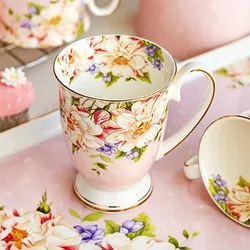 300ML, bone china ceramic coffee mug, tazas cafe floral painting, present creative ceramic tea cup, vintage tea ceremony