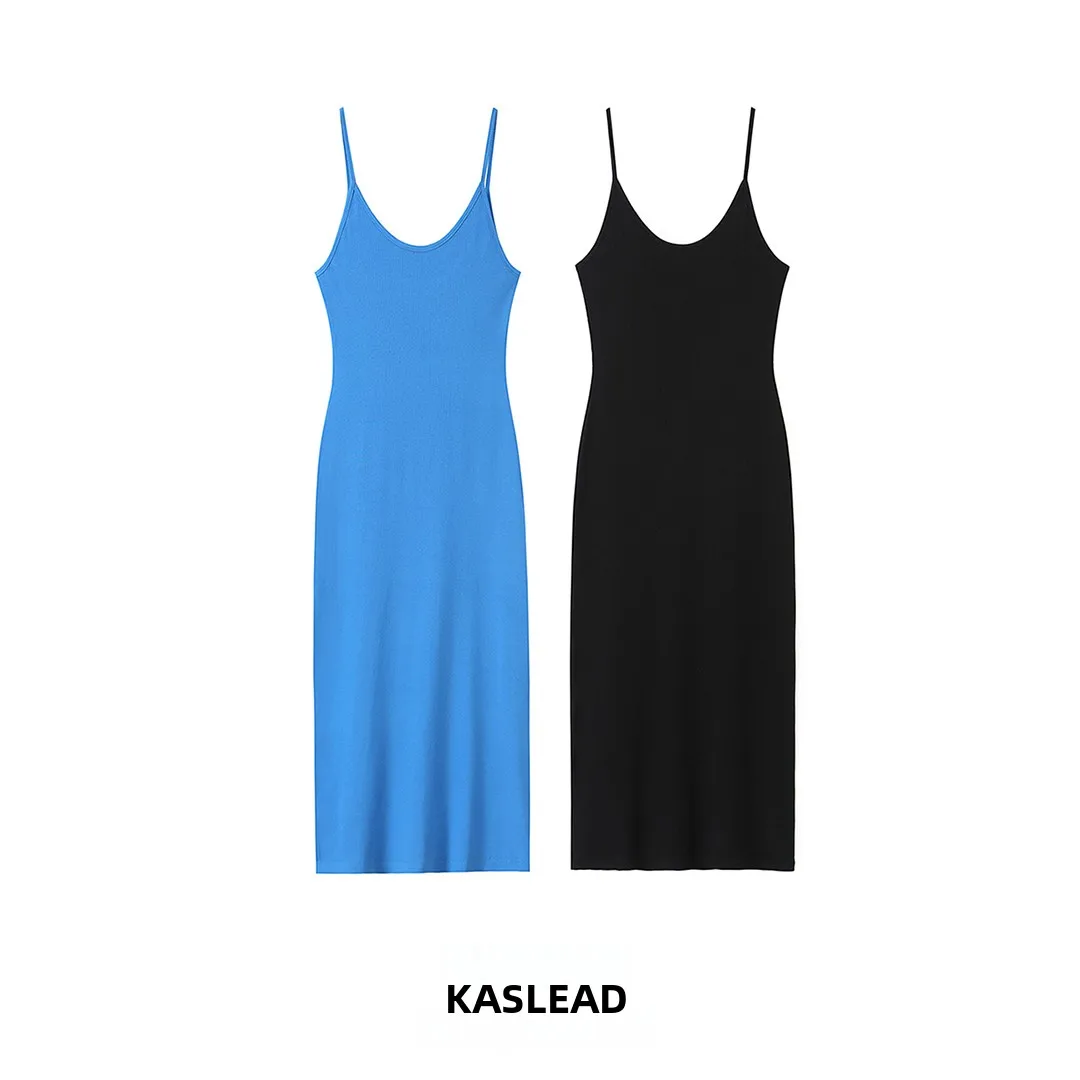 

KASLEAD Fashionable Knitted Wrap Dress Women's Slim Fit Midi Dress City Commute Suitable Sleeveless Polyester Fiber