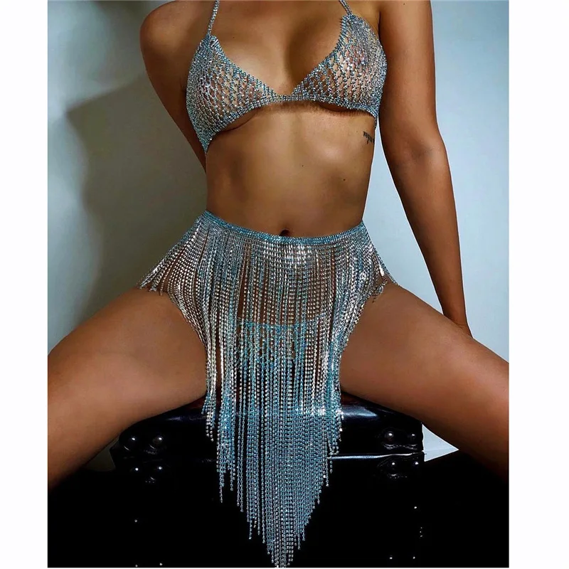 

Sparkly Rhinestone Body Chains Sexy Clubwear Party Tassel Waist Chain Fringe Skirt Dimaond Rave Festival Burning Outfits Sets