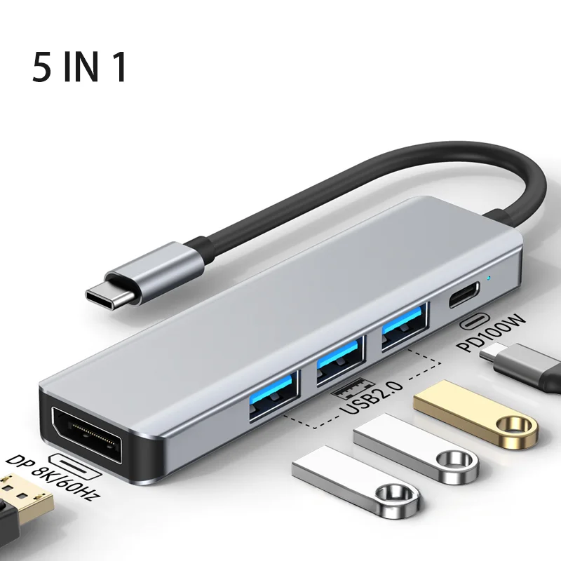5-in-1 USB C إلى DP Hub DisplayPort/USB/100W PD Port Docking Converter لـ Mac Expansion Dock Type-C Thunderbolt 3 إلى 8K@60H