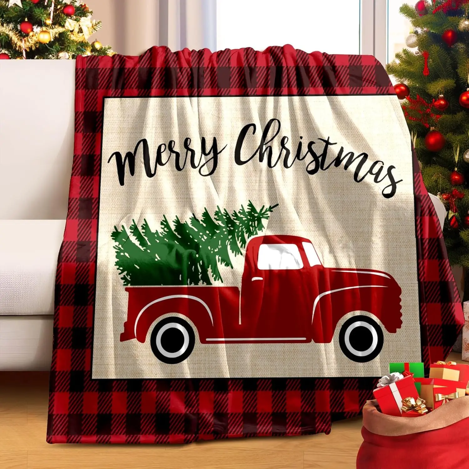 Xmas Tree Red Soft Blanket Red Truck Buffalo Plaid Christmas Decorations Fuzzy Warm Blanket for Bedroom Decor Dorm Room