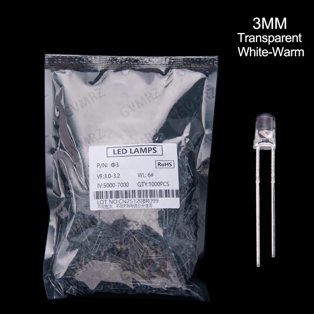 1000PCS 3mm 5mm LED Diode Indicator Assorted Colors Round & Straw Hat Short Lead Electronic Component F5 white to orange