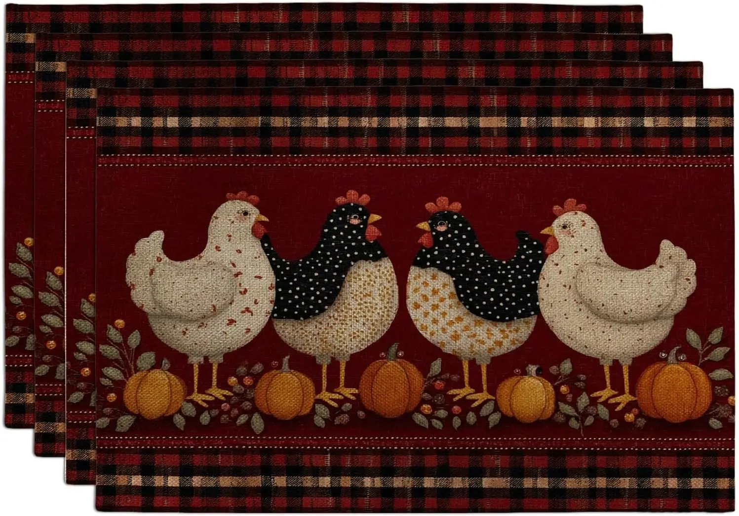 Autumn Farmhouse Chicken Placemats Red Country Decorative Place mats for Dining Table Non-Slip Washable Indoor Placemat Set of 4