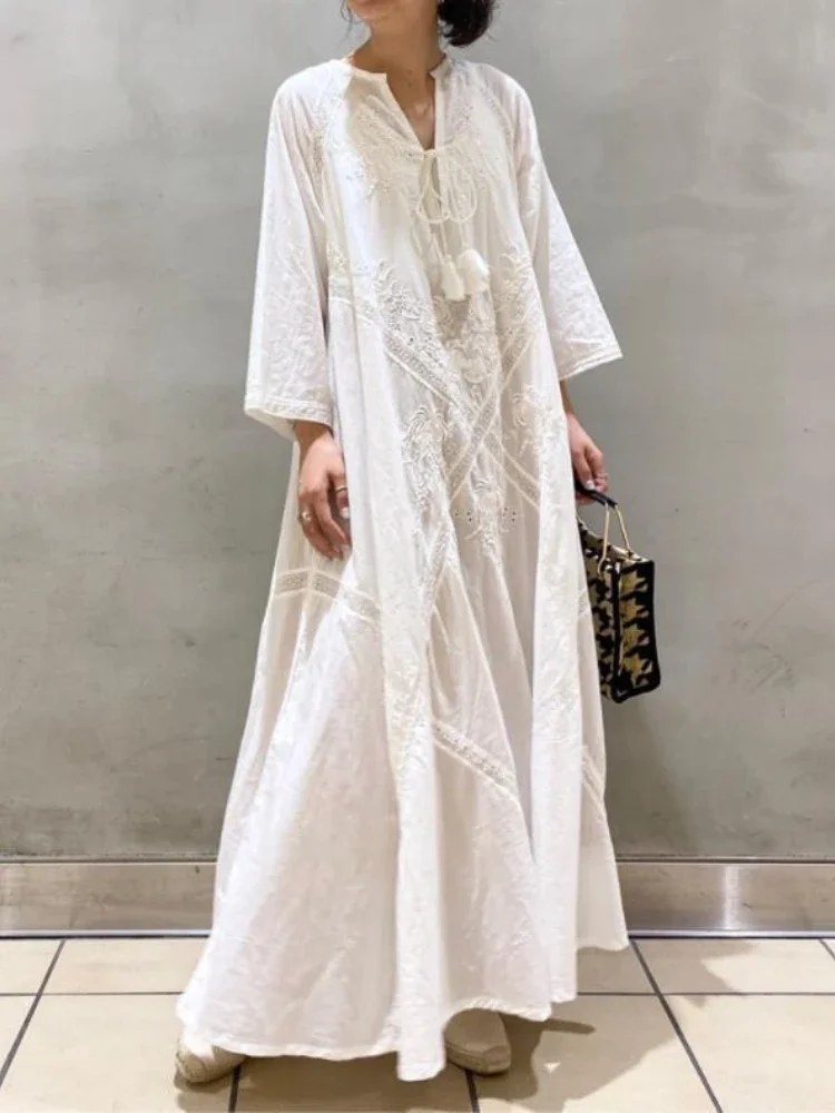 

White Casual Long Dress Women Oversize Lace Up Dress Female Loose V Neck Embroidered Dress Ladies Hollow Out Beach Maxi Dress