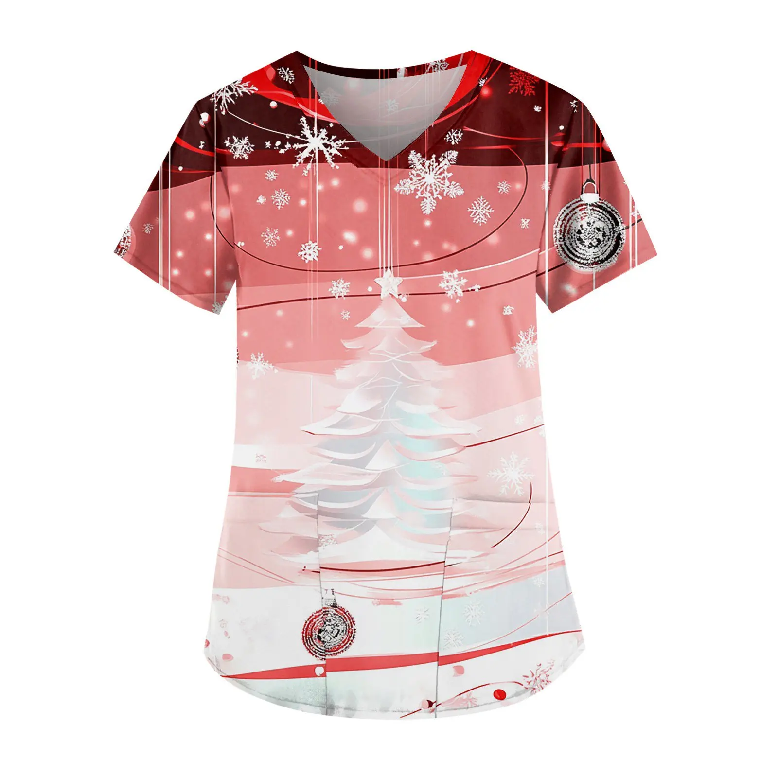 女性のクリスマス看護ユニフォーム、医療用スクラブ、花柄、Vネックポケット、漫画看護スクラブ、半袖