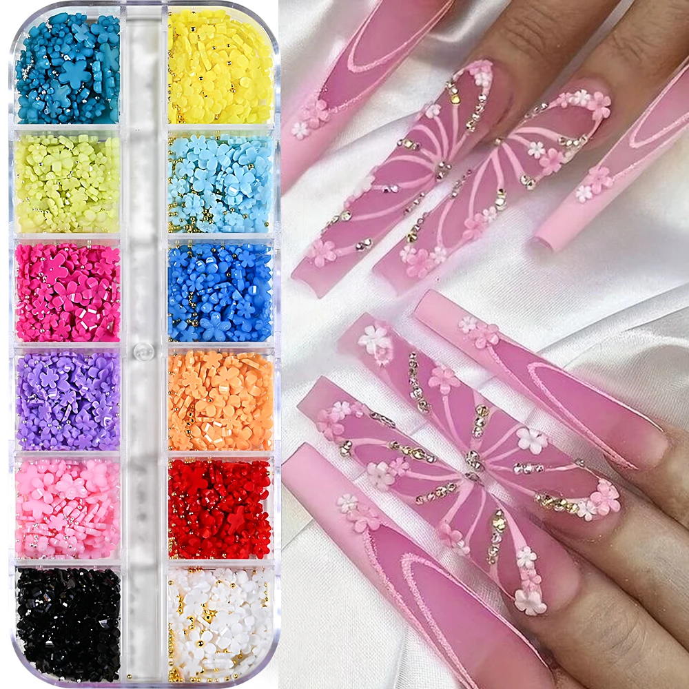 1Box 12Grids Colorful Resin Flower Nail Art Charms 5-Petal Florets Mixed Steel Beads Rhinestones 3mm /6mm Floral Nail Decoration