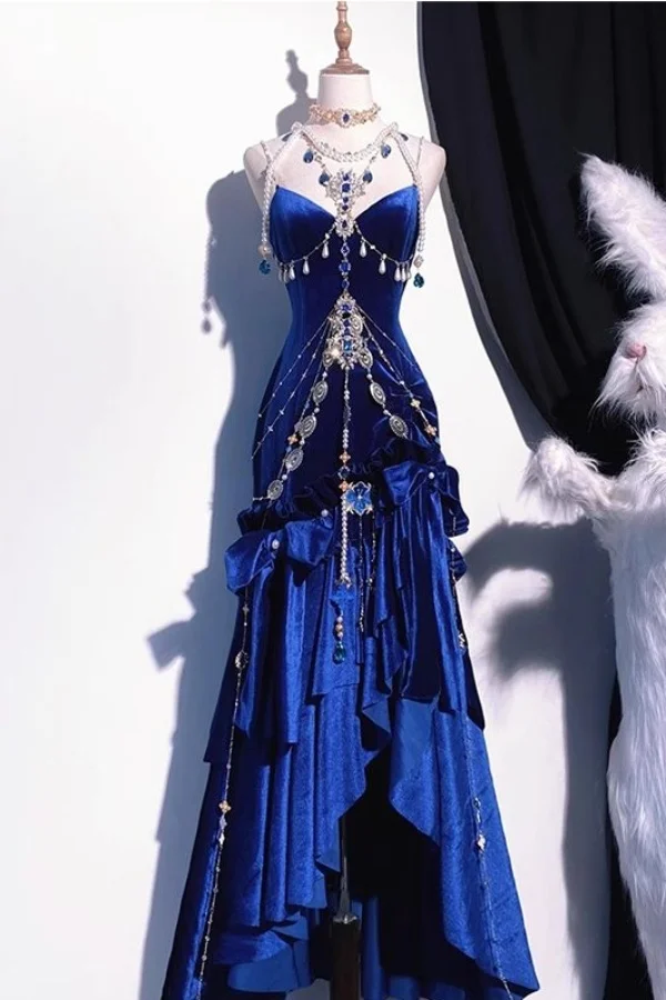 

women Velvet Mermaid Split Backless Long Dress Lolita Blue Mermaid Dress for Women cosplay dress evening dress
