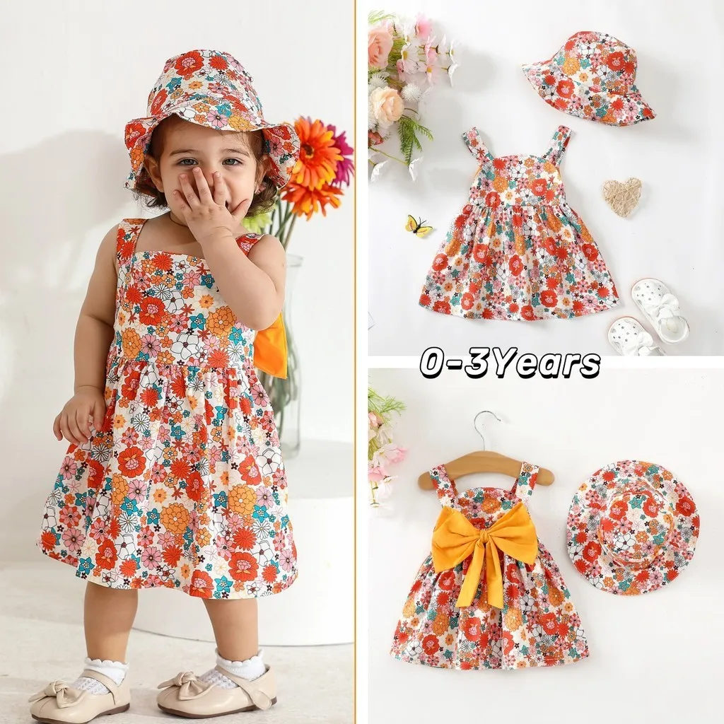 0-3 Years Dress for Toddlers Girl 2PCS Summer Clothes Set Sleeveless Floral Dress with Hat Baby Cute Beach Holiday Party Outfits