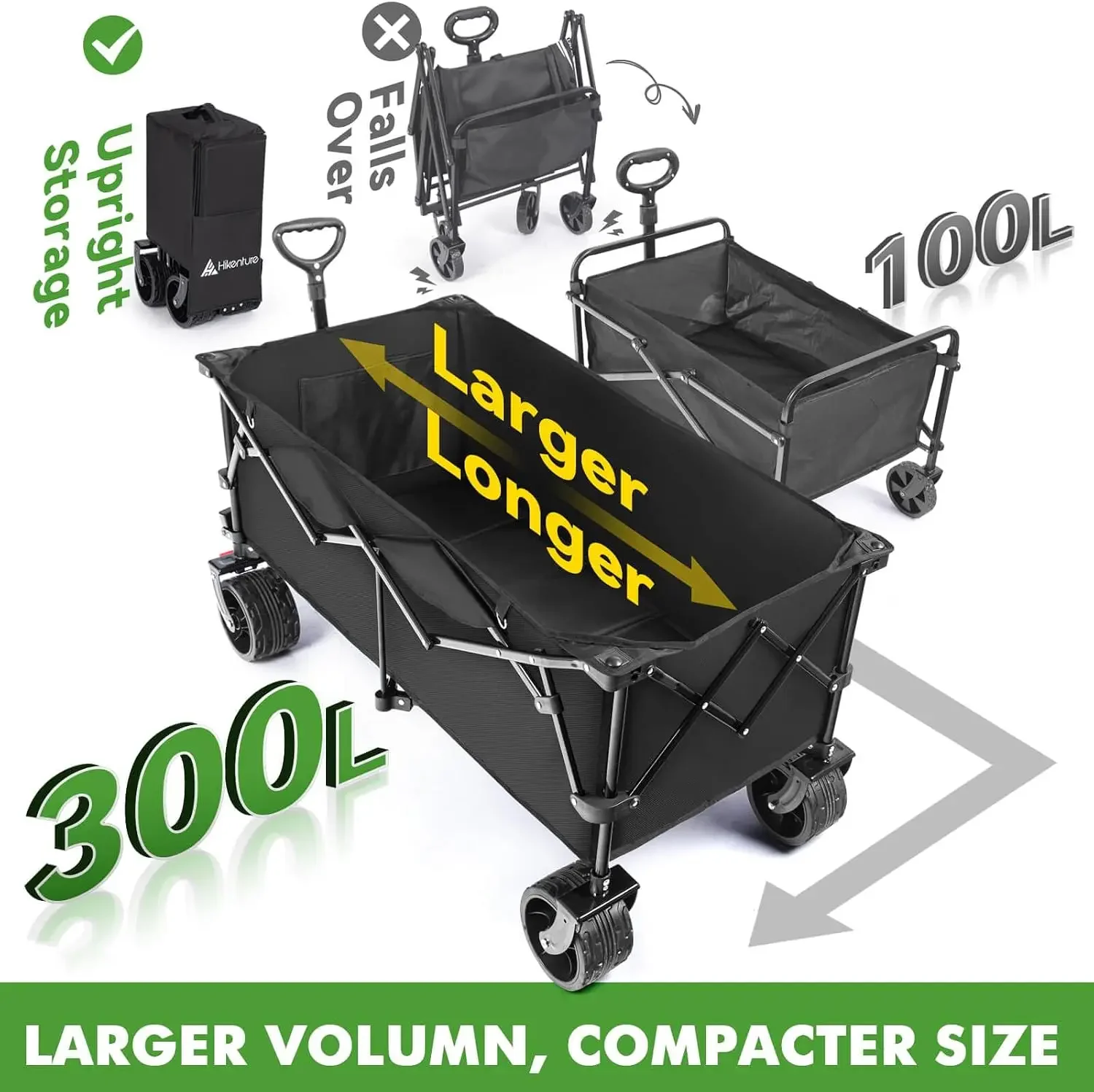 Extended Collapsible Wagon, Beach Wagon with Big Wheels for Sand | Heavy Duty 500LBS Loading Capacity, 300L Extra Large Capacity
