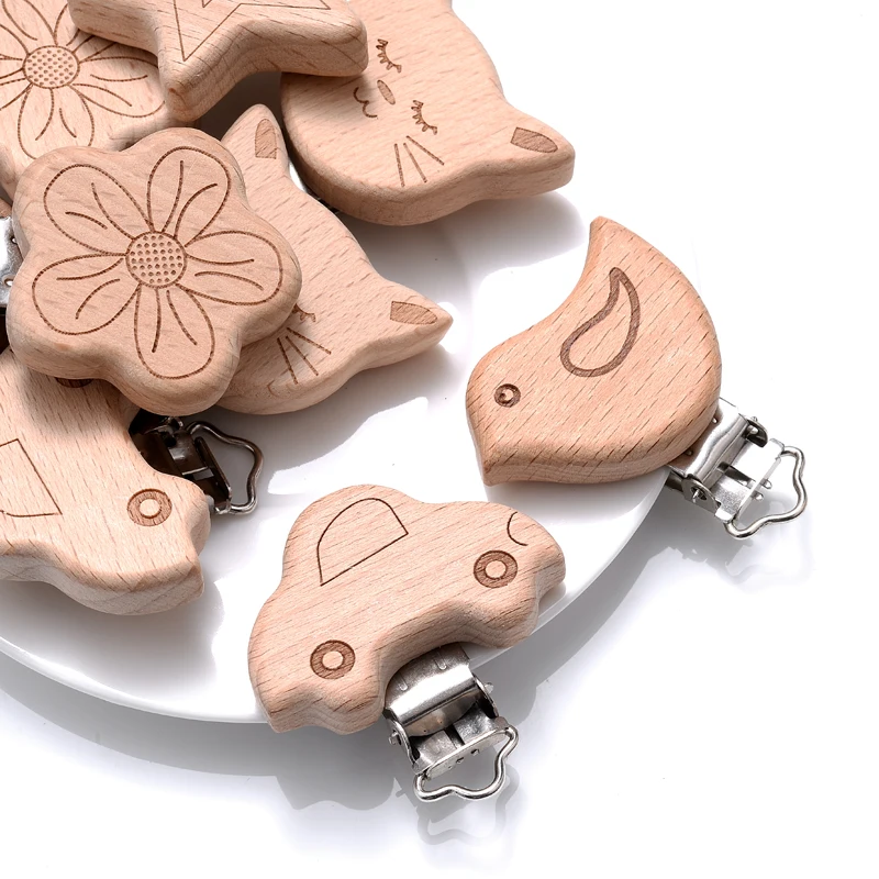 5Pcs/Lot Baby Pacifier Clip Holder Soother Pacifier Flower Animal Shape Infant Dummy Clips for Baby Wooden Feeding Accessories