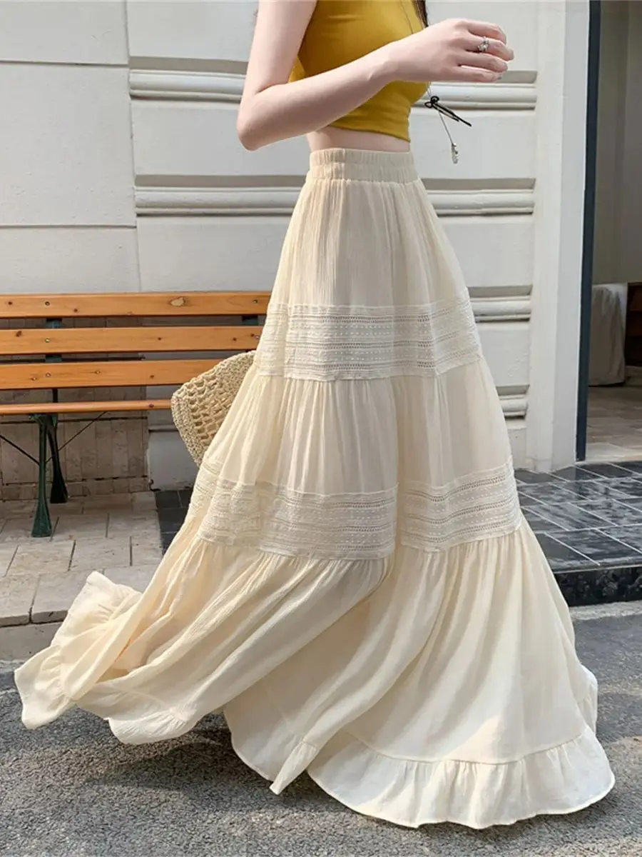 

2025 Summer New Casual Lace Splicing Holiday Beach Skirts For Wmen Korean Fashion Elastic Hollow out Versatile Long Skirt Female