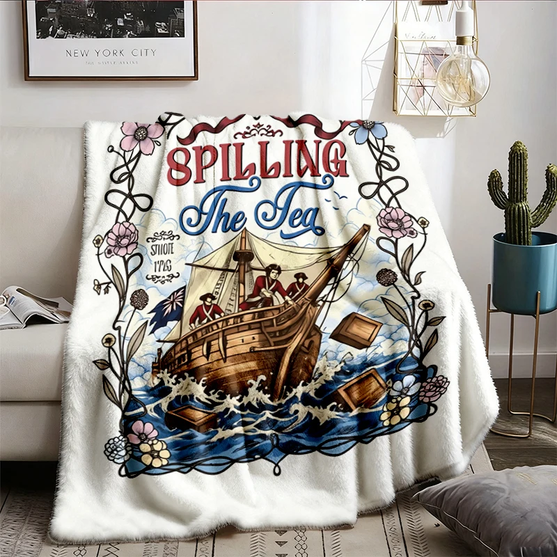 Retro Spilling The Tea Since 1773  Flannel Blanket, Feminist USA Patriotic Flannel Throw, Boston Tea