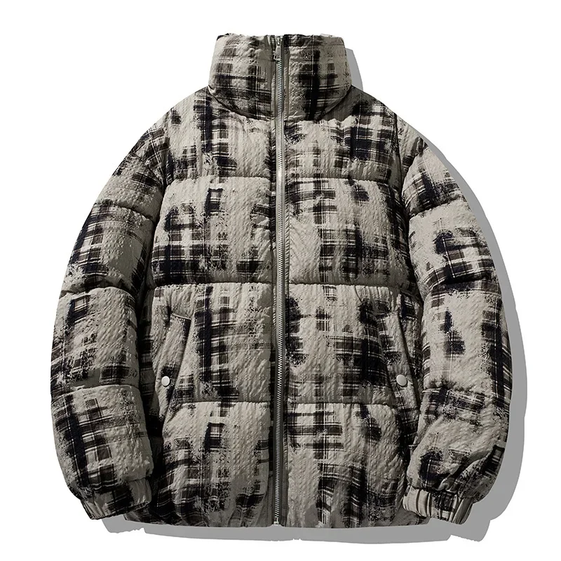 Winter Man Down Jacket Plaid Patchwork Loose Versatile Men Outerwear Stand Collar Long Sleeve Zipper Sport Casual Male Coat