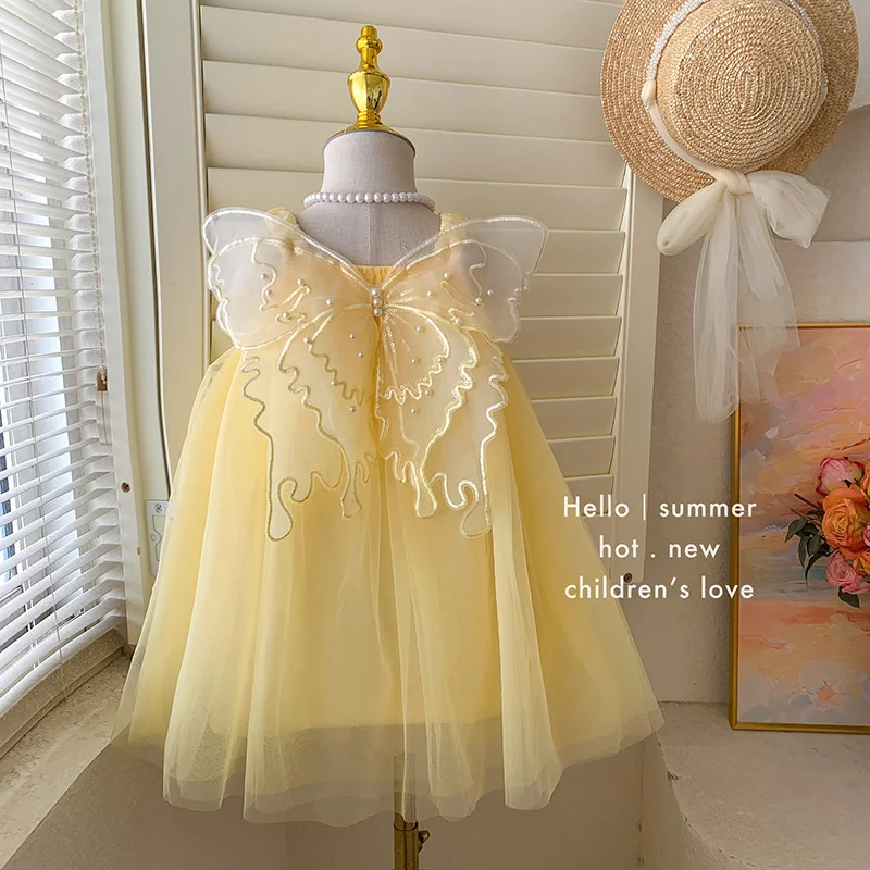 

Girls Mesh Dresses 2026 New Fashion Summer Princess Butterfly Tulle Gown Kids Sweet Sleeveless Vestidos Children Casual Clothing