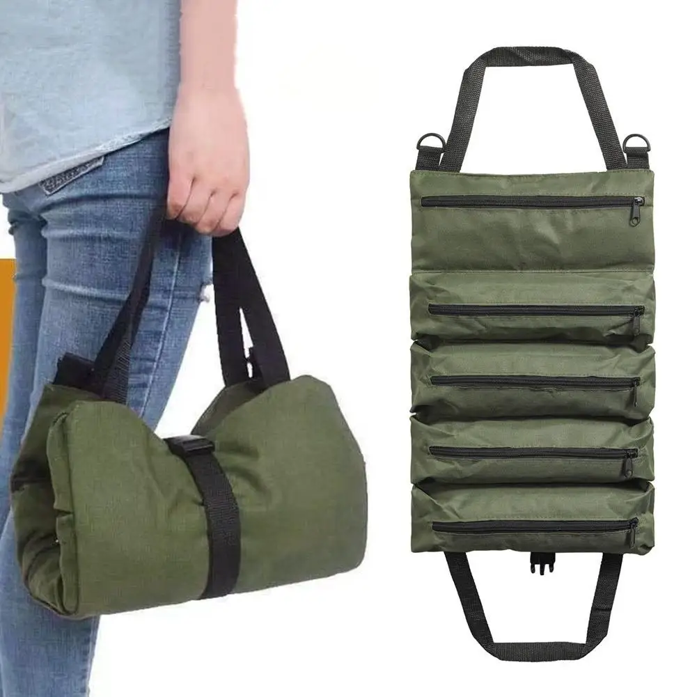 5 - Pocket Roll Up Tool Organizer Bag With Zippered Pockets Portable Storage For Tools Hardware Mechanic Electrician Repair Kit