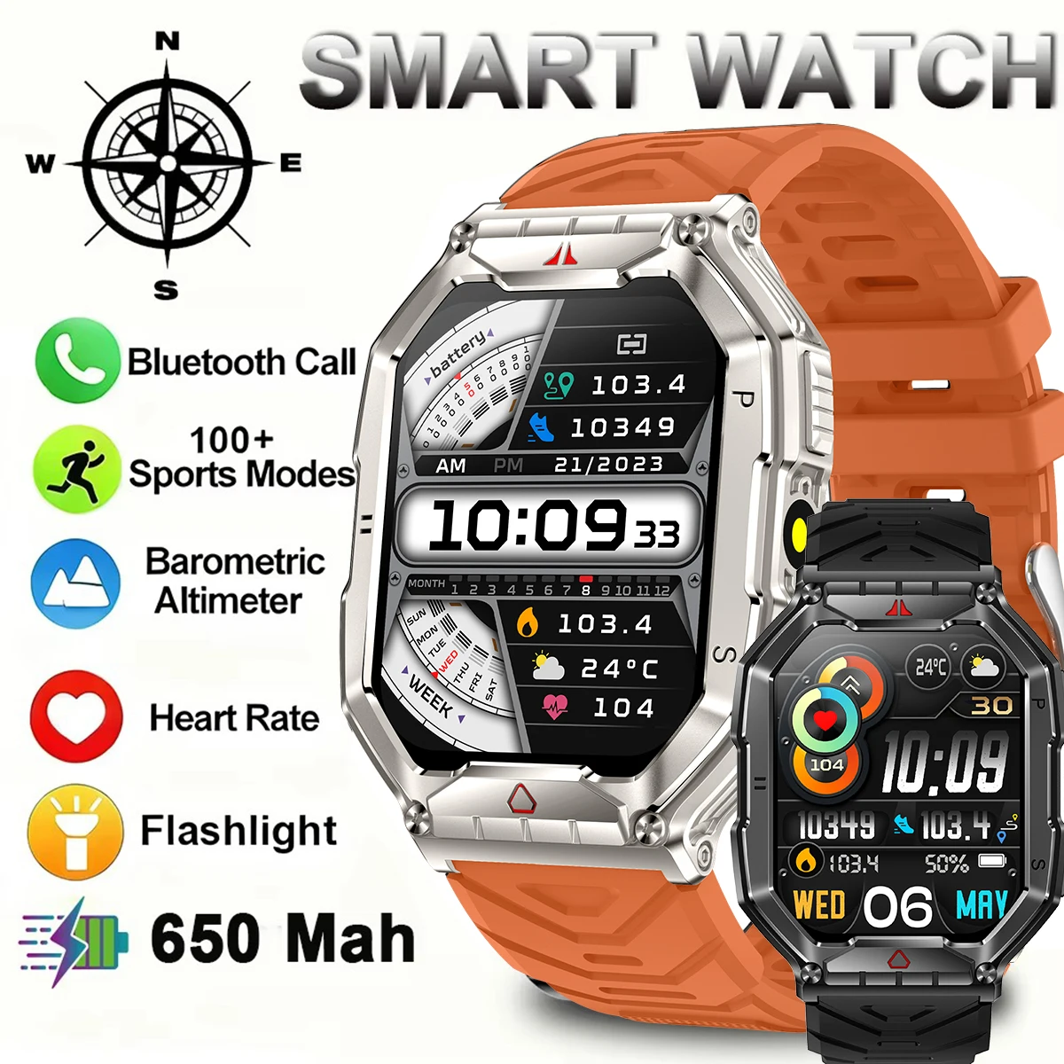 

Смарт-часы 2,1 дюйма, водонепроницаемые, 650 мАч, для активного отдыха, мужские, с Bluetooth-звонками, мониторингом сердечного ритма, умный браслет для активного отдыха