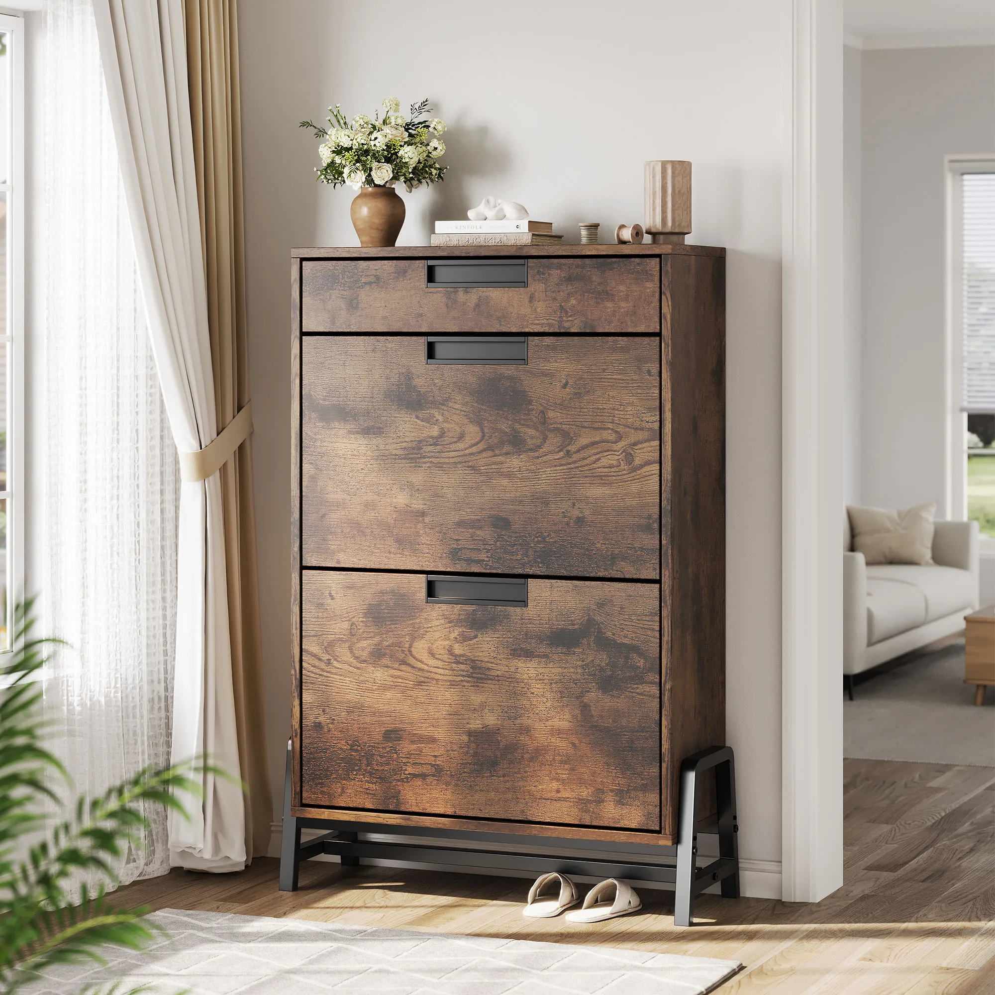 Shoe Rack Cabinet Narrow Entryway - Schoenenkast met opklapbare lades, vrijstaande schoenenopbergkast